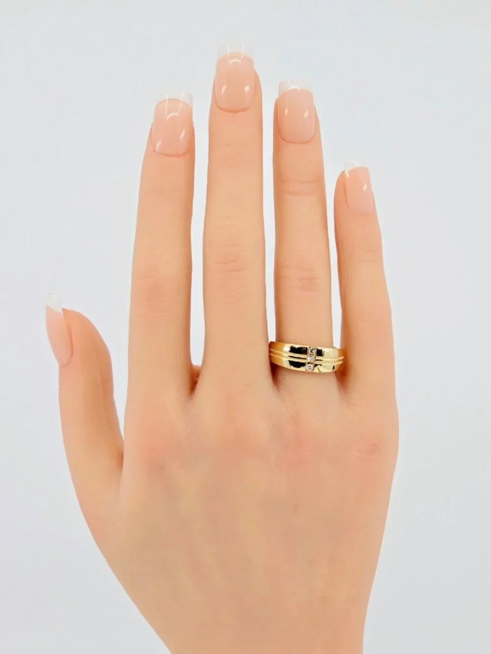 Unique 14K Solid Yellow Gold Designer Vertical Row 3 Diamond Ring Band Size 7.25